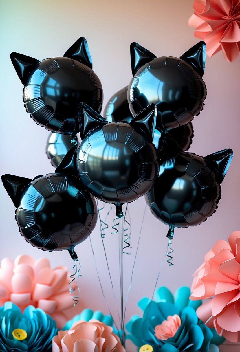 Black cat-shaped helium balloons floating with decorative Coraline-inspired birthday party elements in the background.