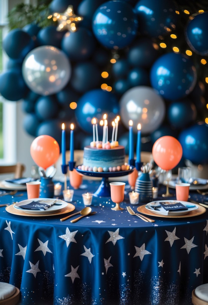 A birthday party table decorated with a star-patterned tablecloth, balloons, fairy lights, and themed centerpieces.