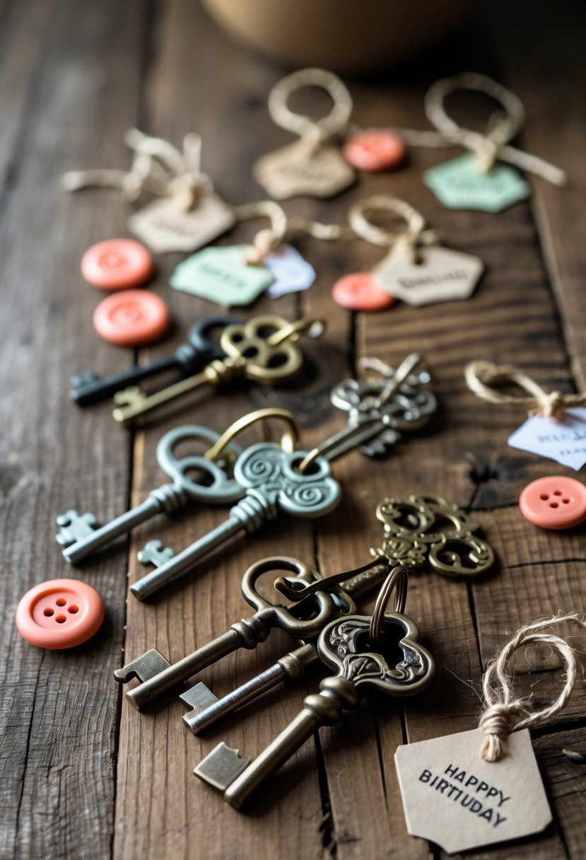 A collection of vintage old keys arranged on a wooden table with coral-colored birthday decorations and small paper tags.