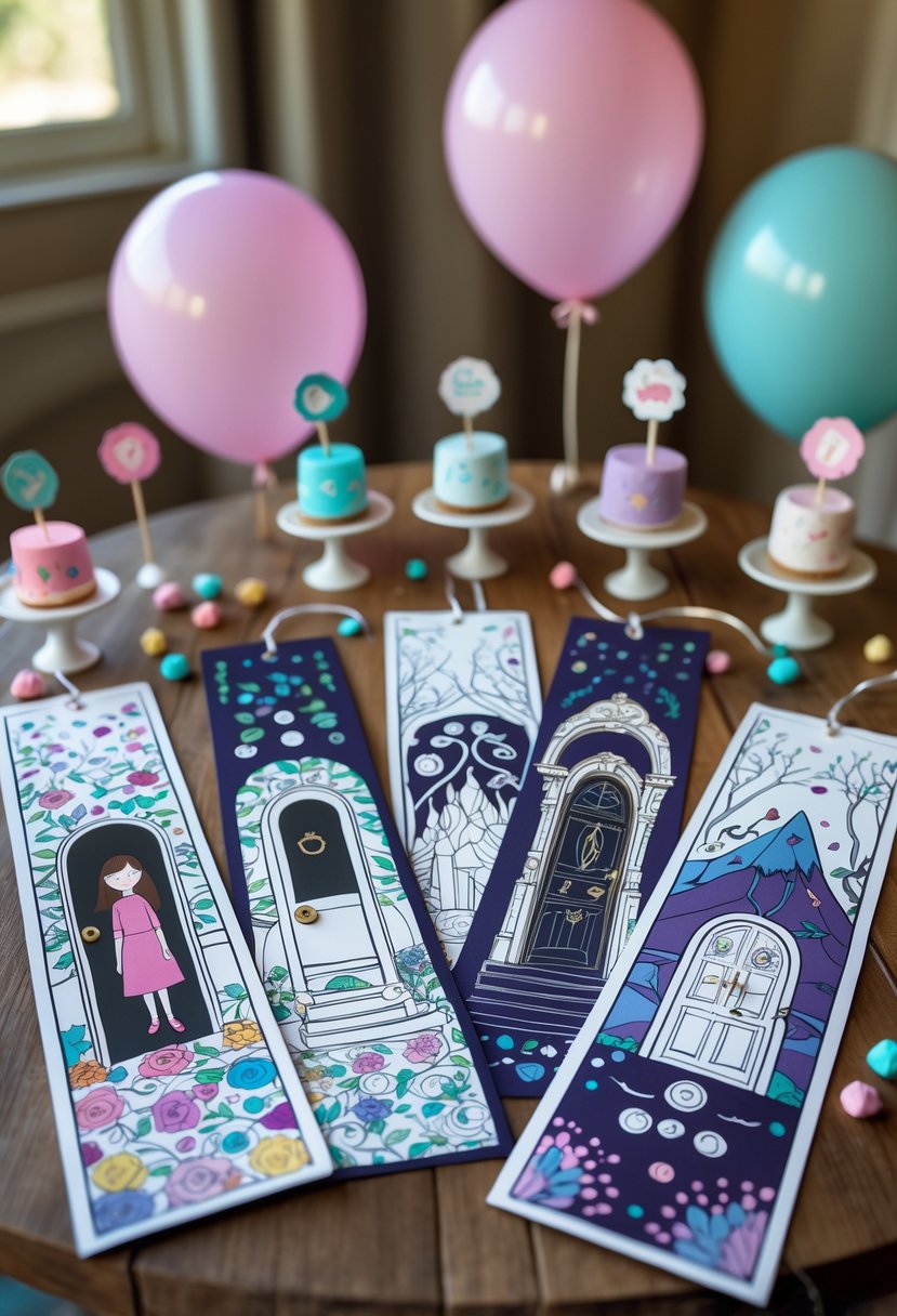 A collection of Coraline-inspired coloring bookmarks displayed on a wooden table with birthday party decorations like balloons and paper garlands around them.