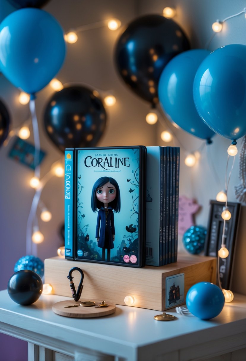 A display corner featuring a Coraline DVD and book surrounded by themed birthday party decorations including balloons, button ornaments, string lights, and small decorative items.