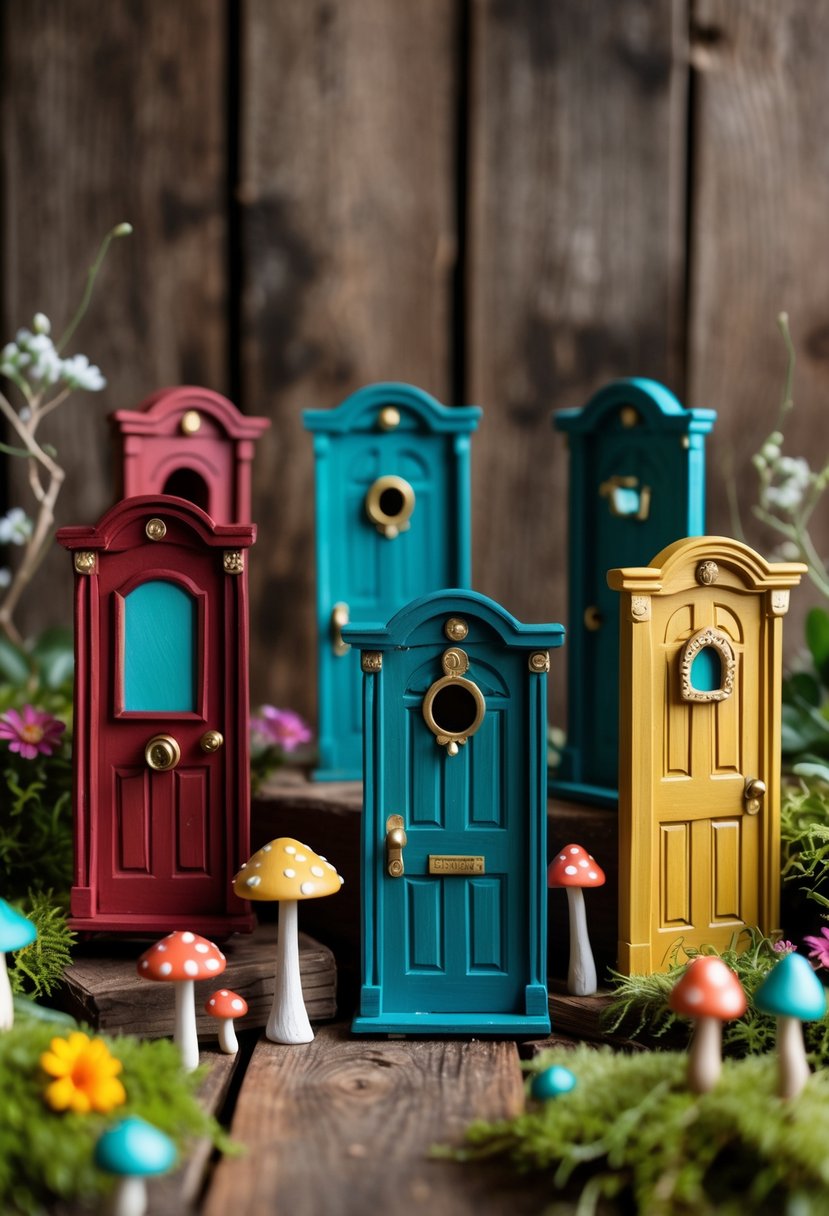 A collection of small, colorful miniature doors arranged with moss, mushrooms, and fairy lights on a wooden surface.
