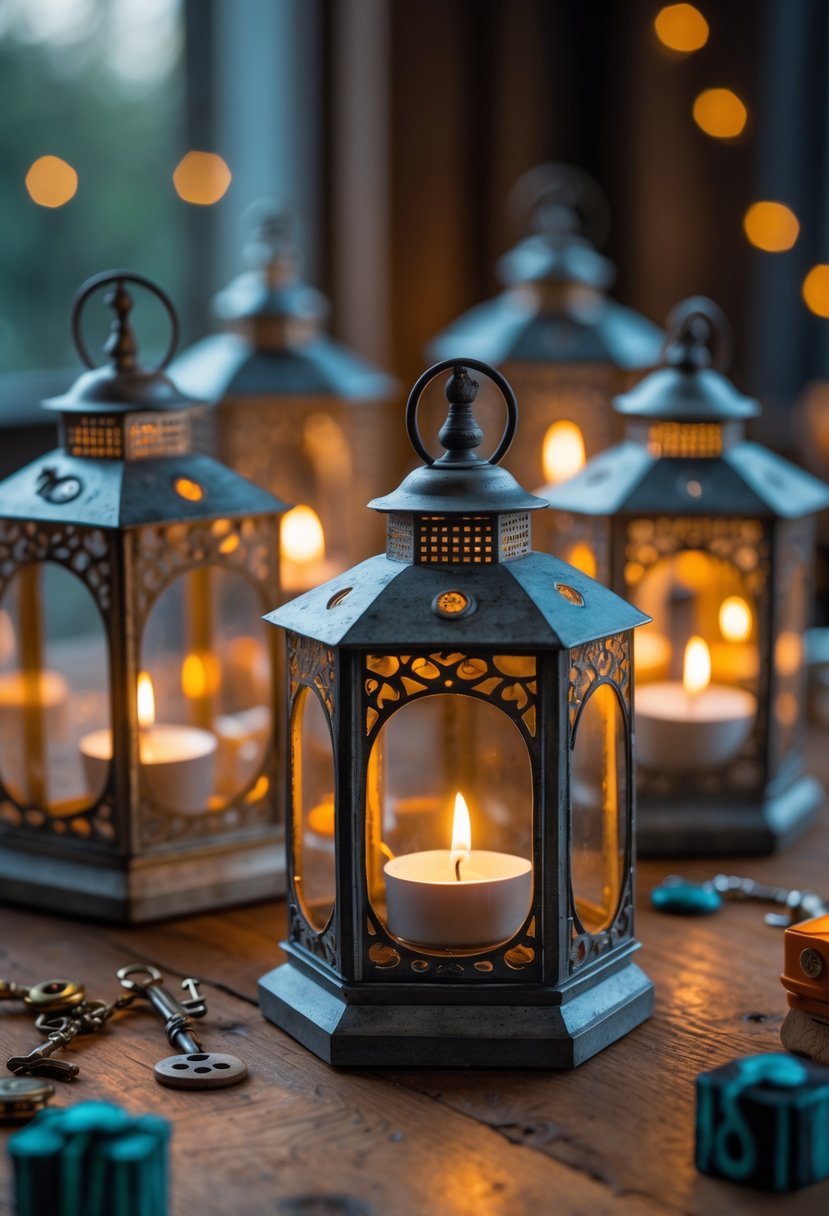 A group of vintage-style tealight lanterns glowing softly on a wooden table surrounded by small birthday party decorations.