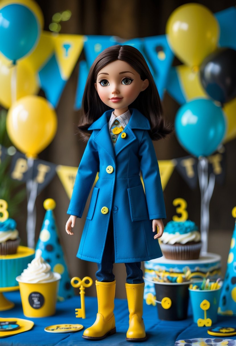 A handmade Coraline Jones doll on a decorated table with birthday party decorations including balloons and themed items.