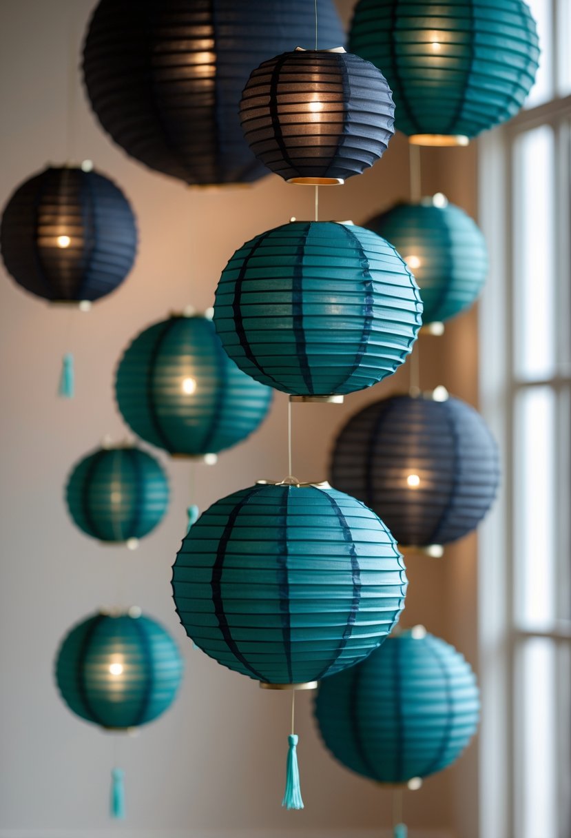 Paper lanterns in dark teal and black hanging against a neutral background.