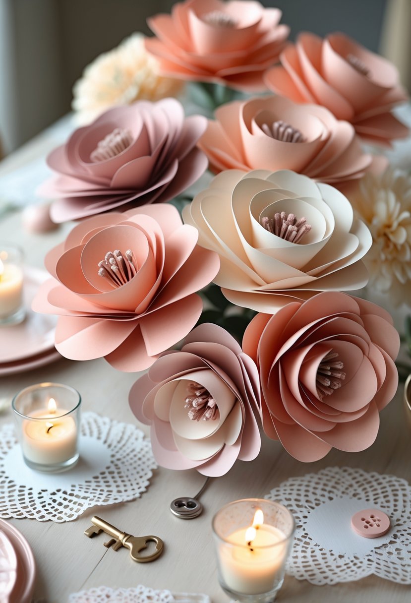 An arrangement of muted color paper flowers on a wooden table with small decorative items and soft lighting.