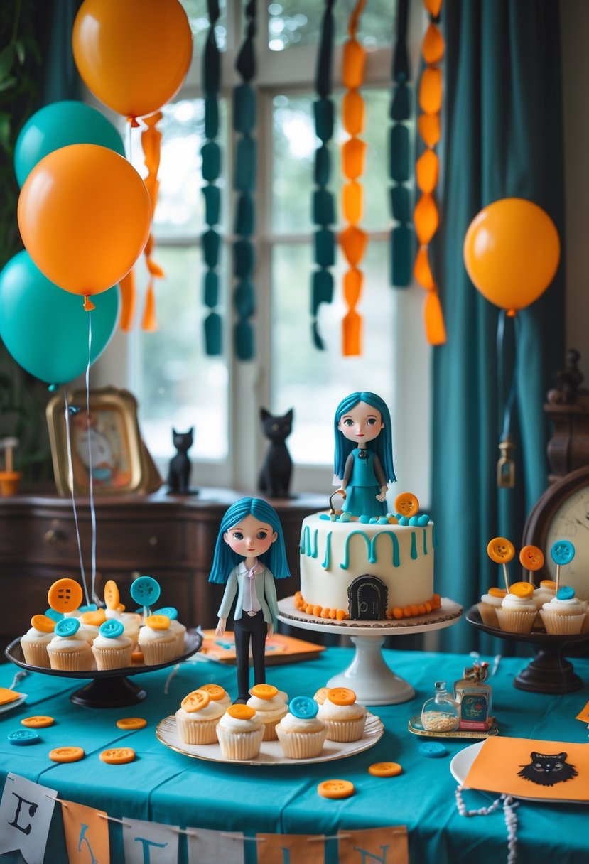 A decorated indoor birthday party table with Coraline-themed decorations including button balloons, cupcakes, a birthday cake with a blue-haired doll, and small figurines, set in a cozy room with vintage furniture and a window.