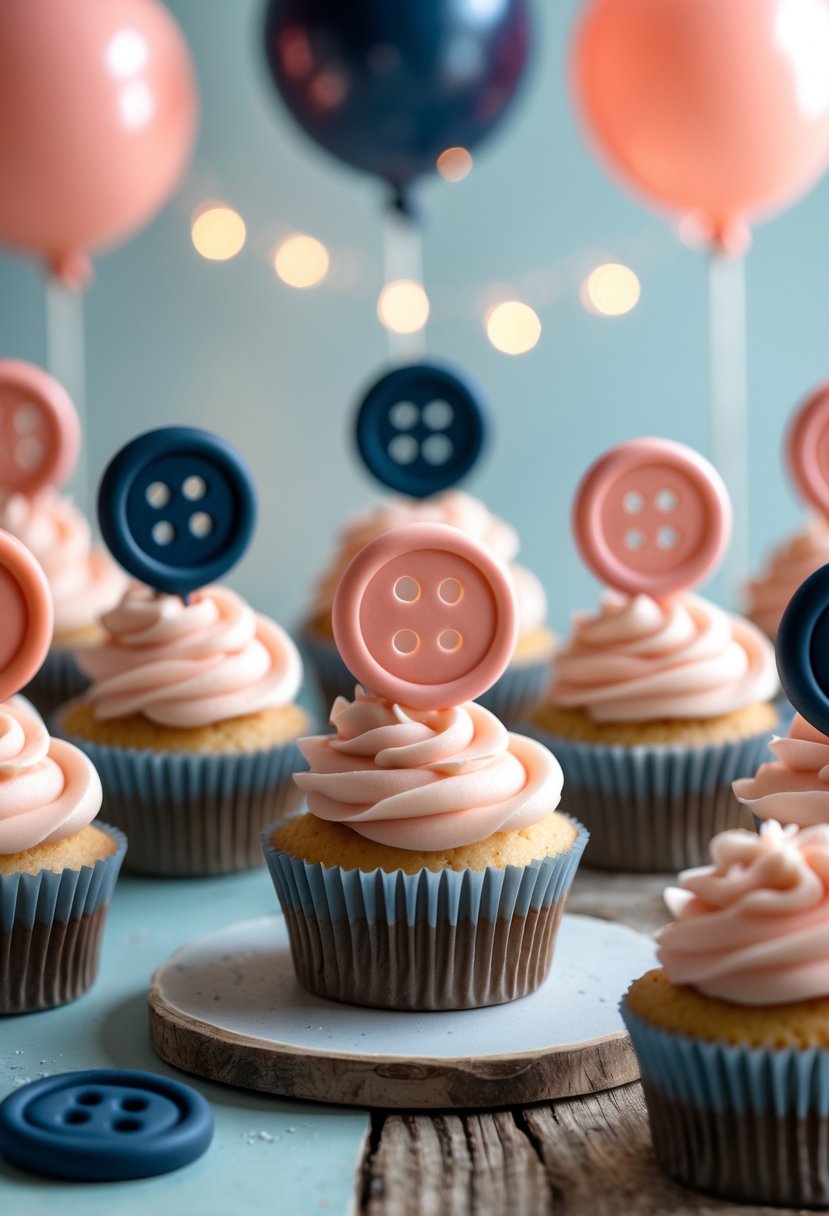 Cupcakes decorated with button-shaped toppers arranged on a table with birthday party decorations in the background.