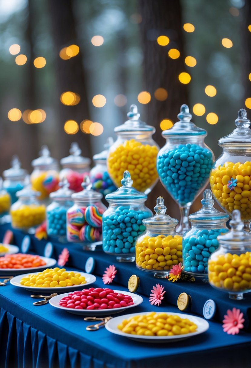 A birthday party treat table with jars of colorful candy and themed decorations inspired by Coraline.