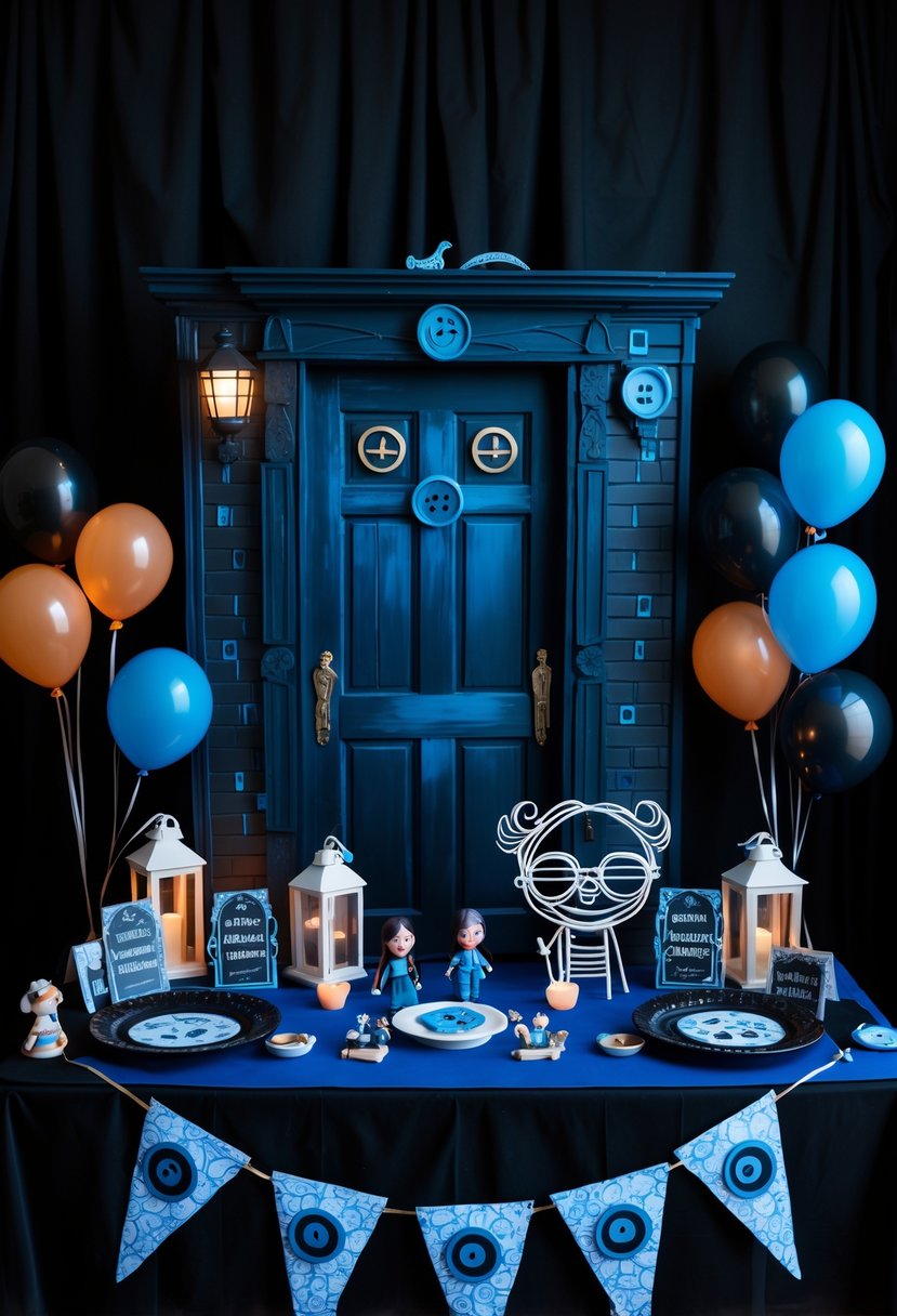A birthday party photo booth decorated with Coraline-themed items including wireframe glasses, buttons, a miniature door, lanterns, and balloons.