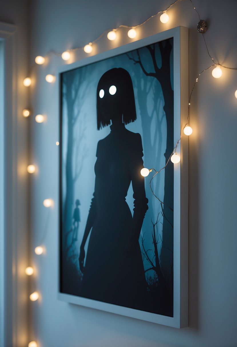 Framed wall art showing a dark silhouette of a woman with button eyes on a softly lit wall, with subtle birthday decorations around it.