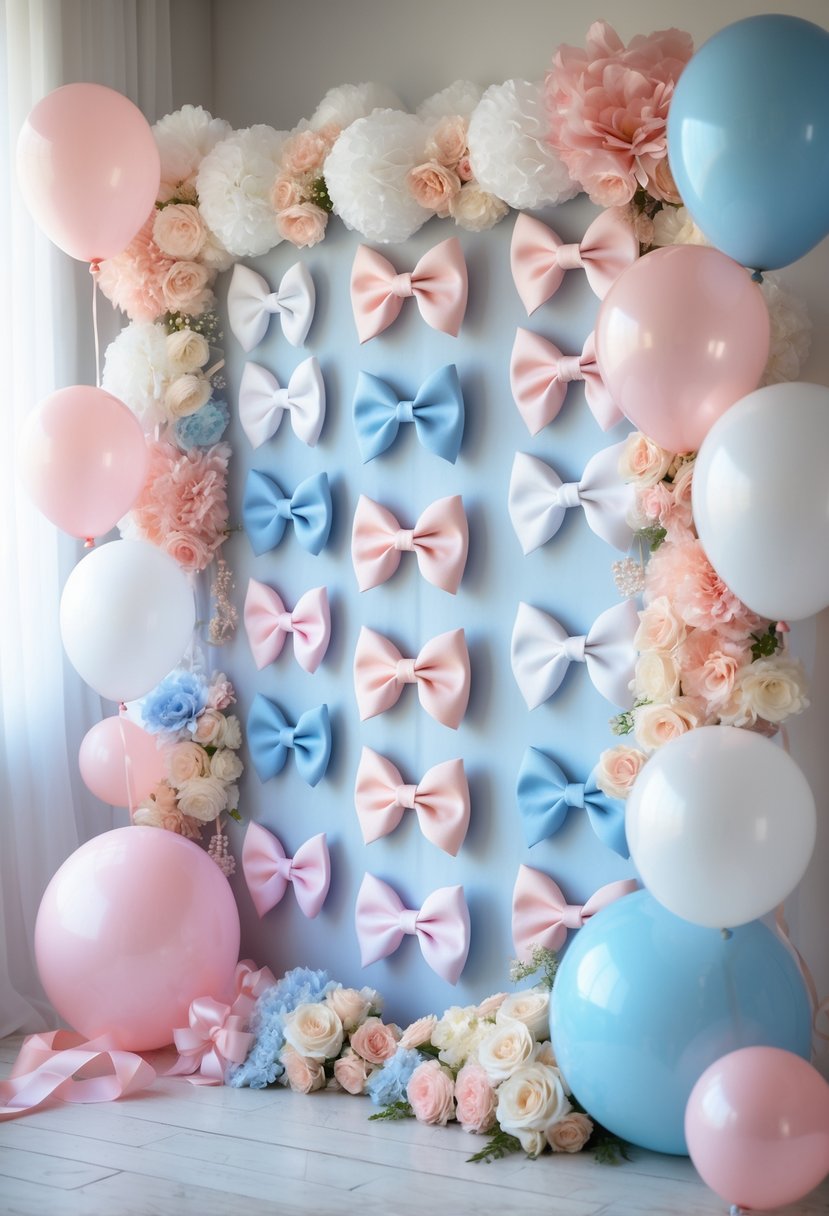 A baby gender reveal party backdrop decorated with bows and bow ties in pastel colors, surrounded by balloons and ribbons.