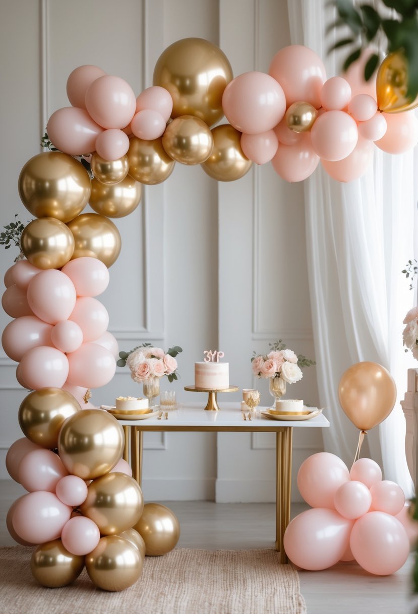 A baby gender reveal party decorated with a gold and blush pink balloon garland and elegant table settings.