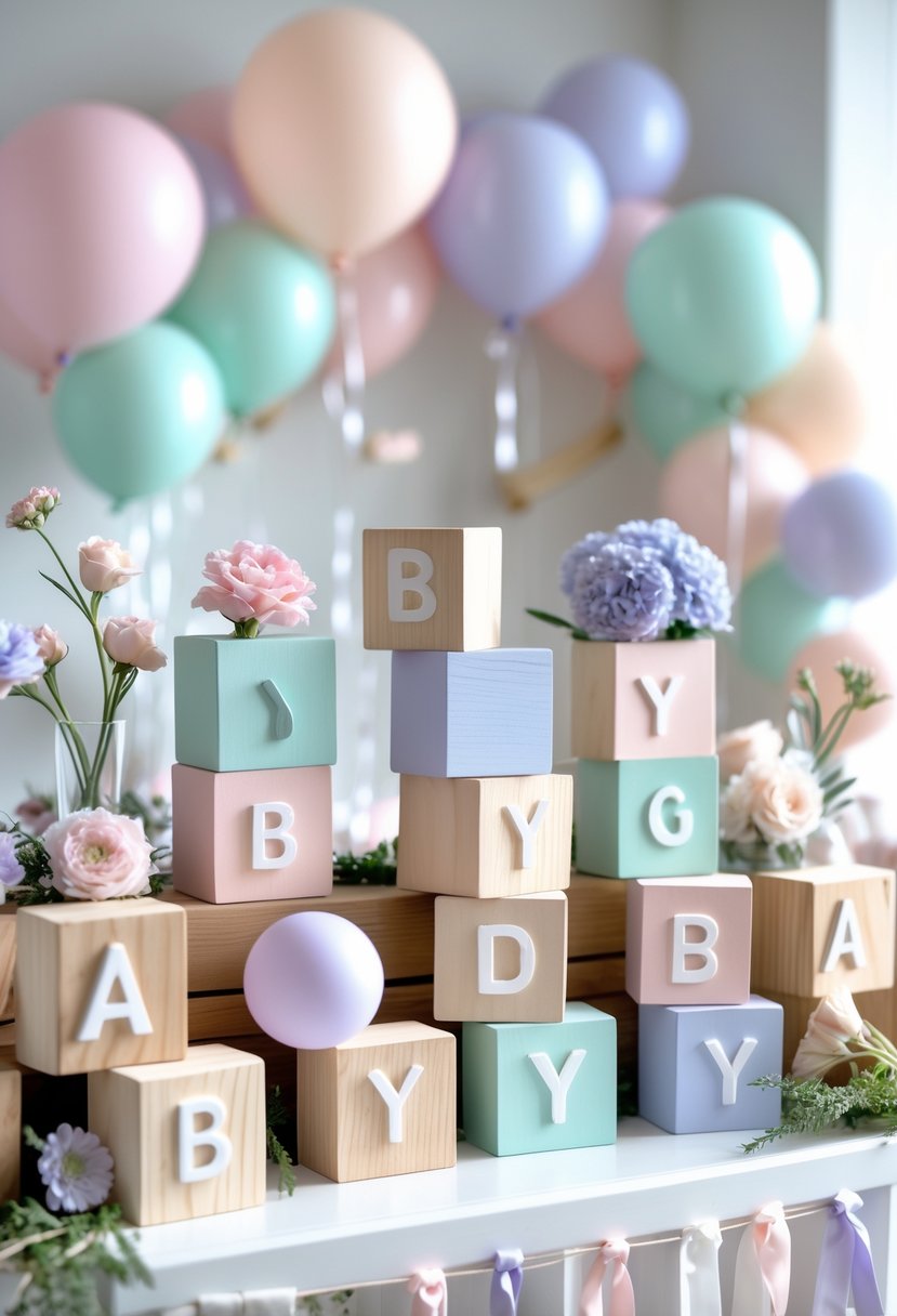 A display of customized wooden baby blocks surrounded by pastel-colored baby gender reveal party decorations including flowers, balloons, ribbons, and greenery.