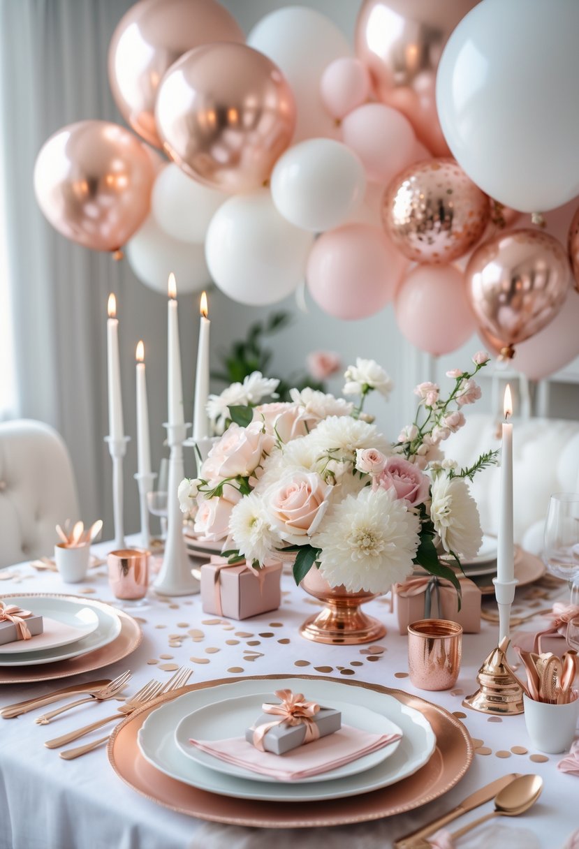 A baby gender reveal party table set with white and rose gold decorations, floral centerpieces, balloons, and elegant tableware.