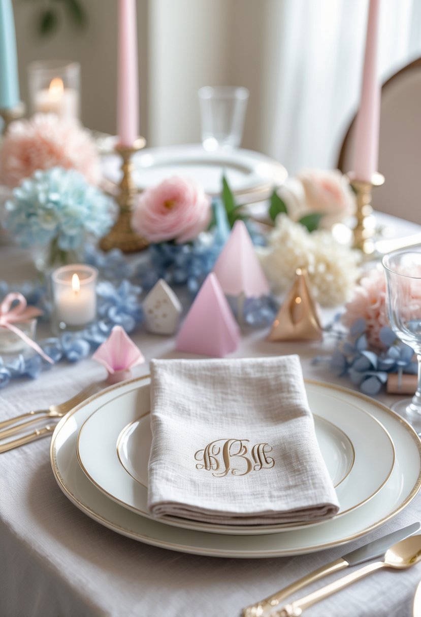 A table set for a baby gender reveal party with monogrammed linen napkins, pastel decorations, and floral arrangements.