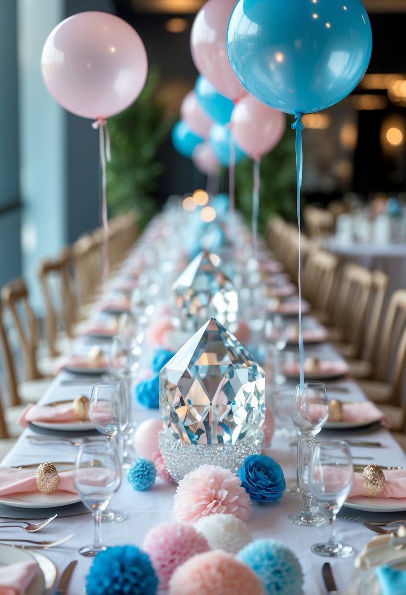 A baby gender reveal party table decorated with sparkling crystal centerpieces, pastel balloons, and floral arrangements.