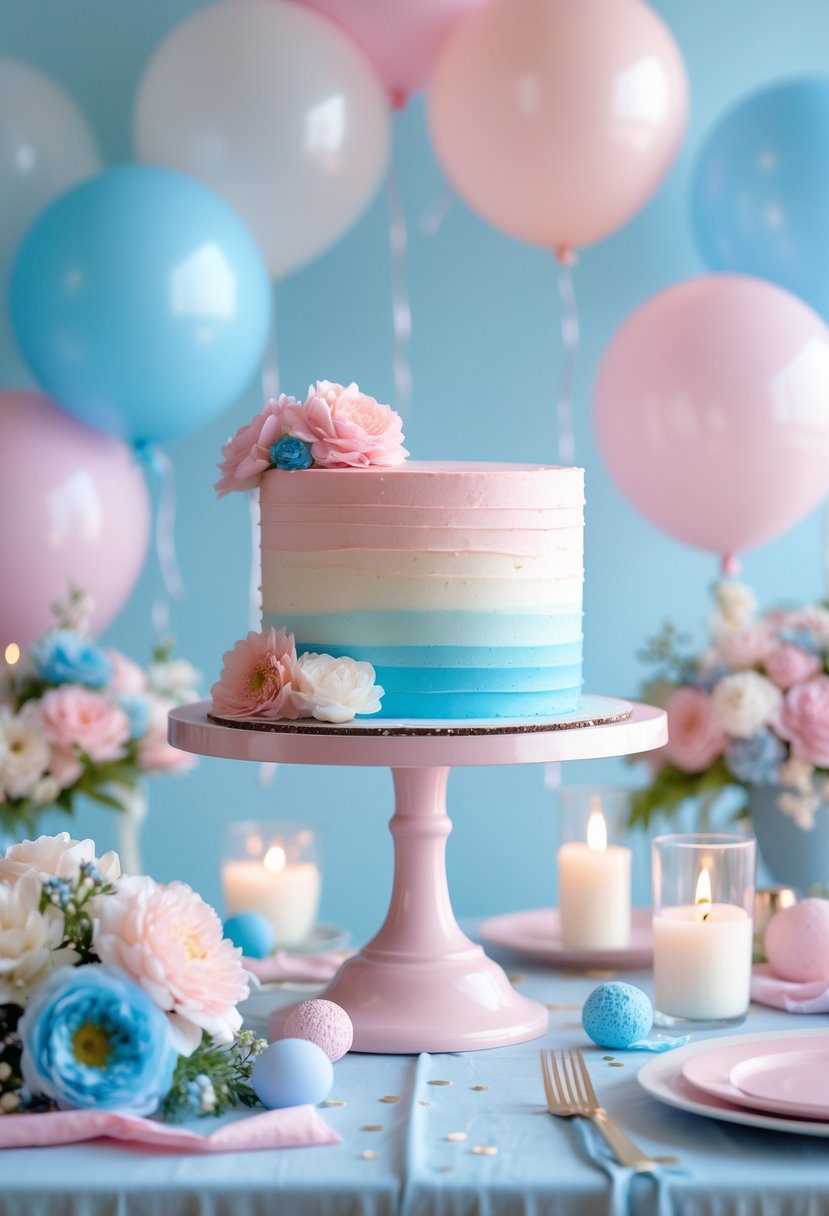 A pastel ombre cake stand with a gender reveal cake surrounded by balloons and floral decorations on a decorated party table.