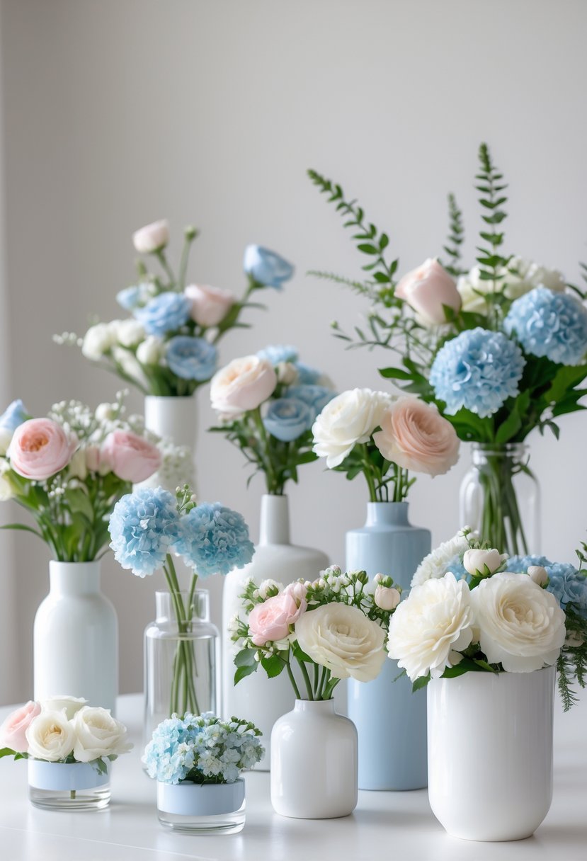 A table with multiple pastel-colored floral arrangements in glass and ceramic vases, decorated for a baby gender reveal party.