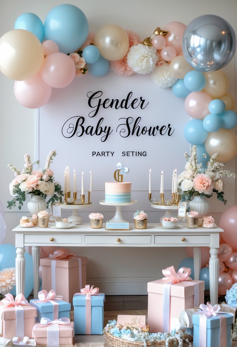 A stylish baby gender reveal party setup with elegant decorations, pastel colors, flowers, balloons, and wrapped gifts arranged on a table.