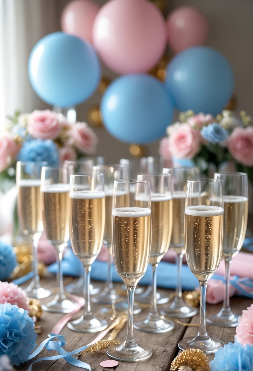 A table set with vintage champagne flutes filled with pink and blue drinks, surrounded by pastel balloons and floral decorations for a baby gender reveal party.