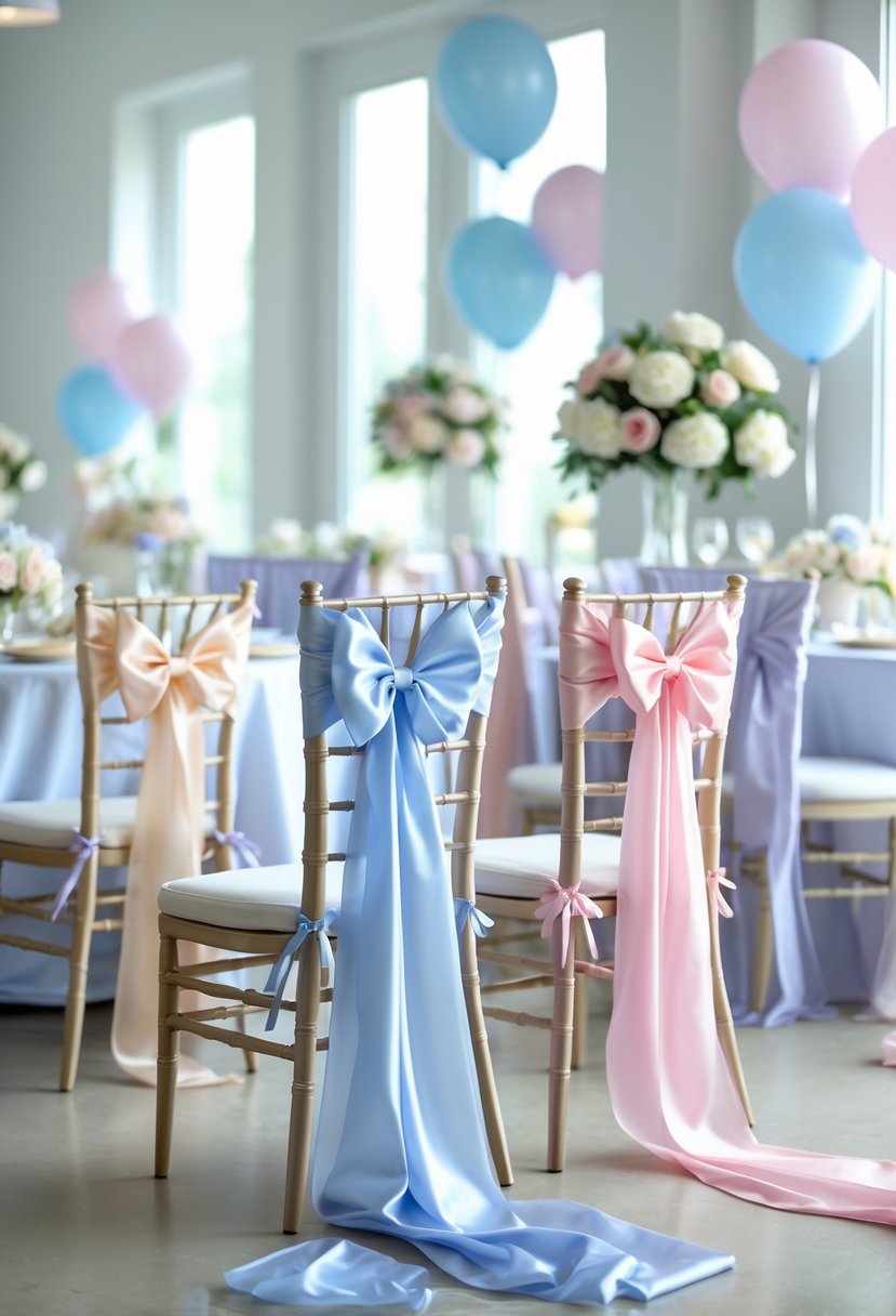 Chairs decorated with pastel silk ribbons tied into bows at a baby gender reveal party with balloons and flowers nearby.