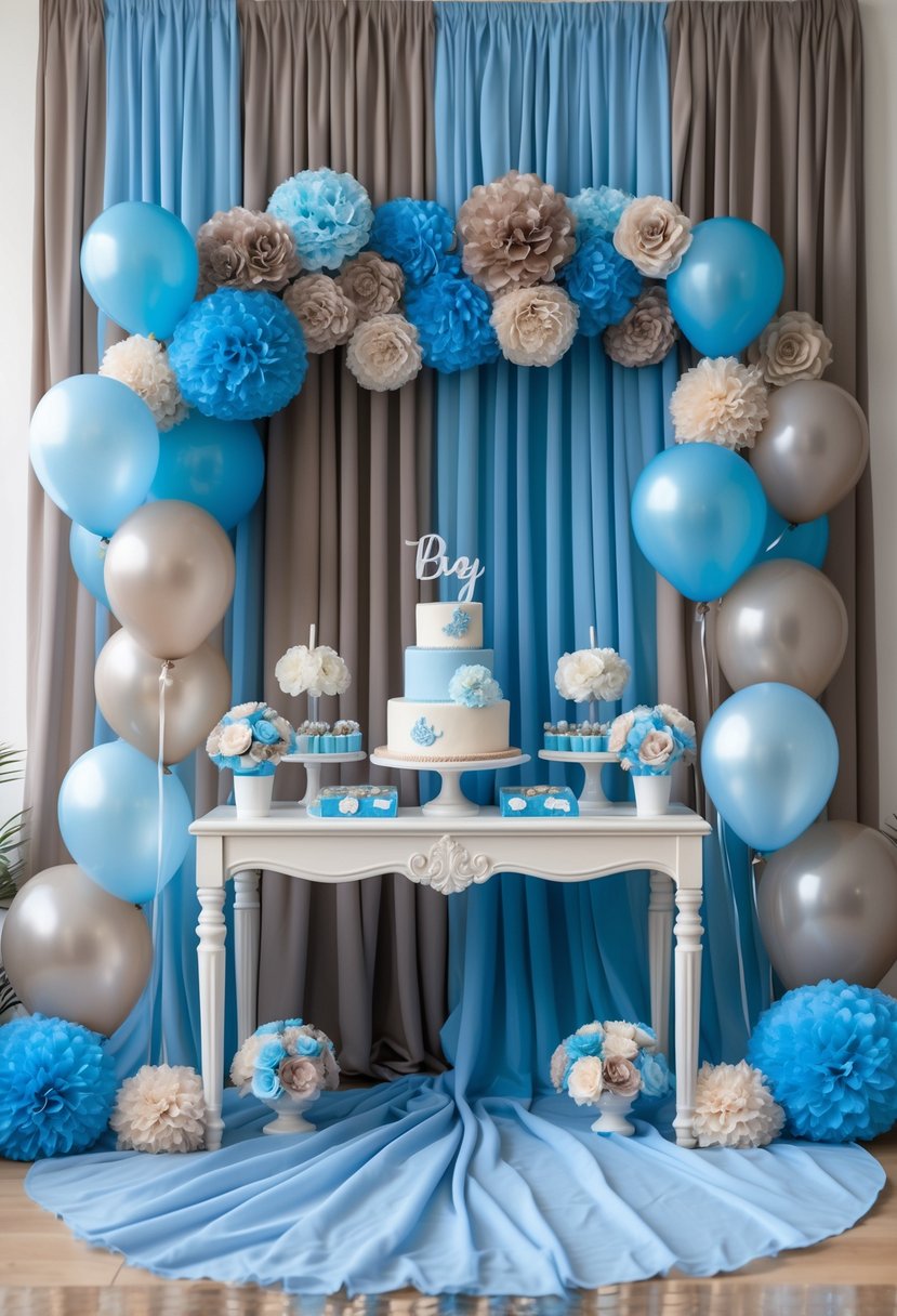 A baby gender reveal party setup with soft blue and taupe drapery, decorated table with flowers, balloons, and party favors.