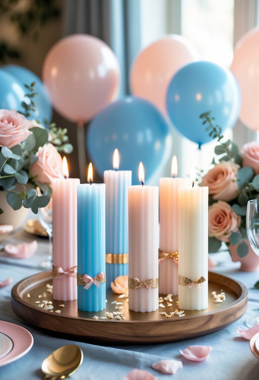 A set of elegant pastel-colored candles on a wooden tray surrounded by flowers, balloons, and rose petals at a baby gender reveal party.