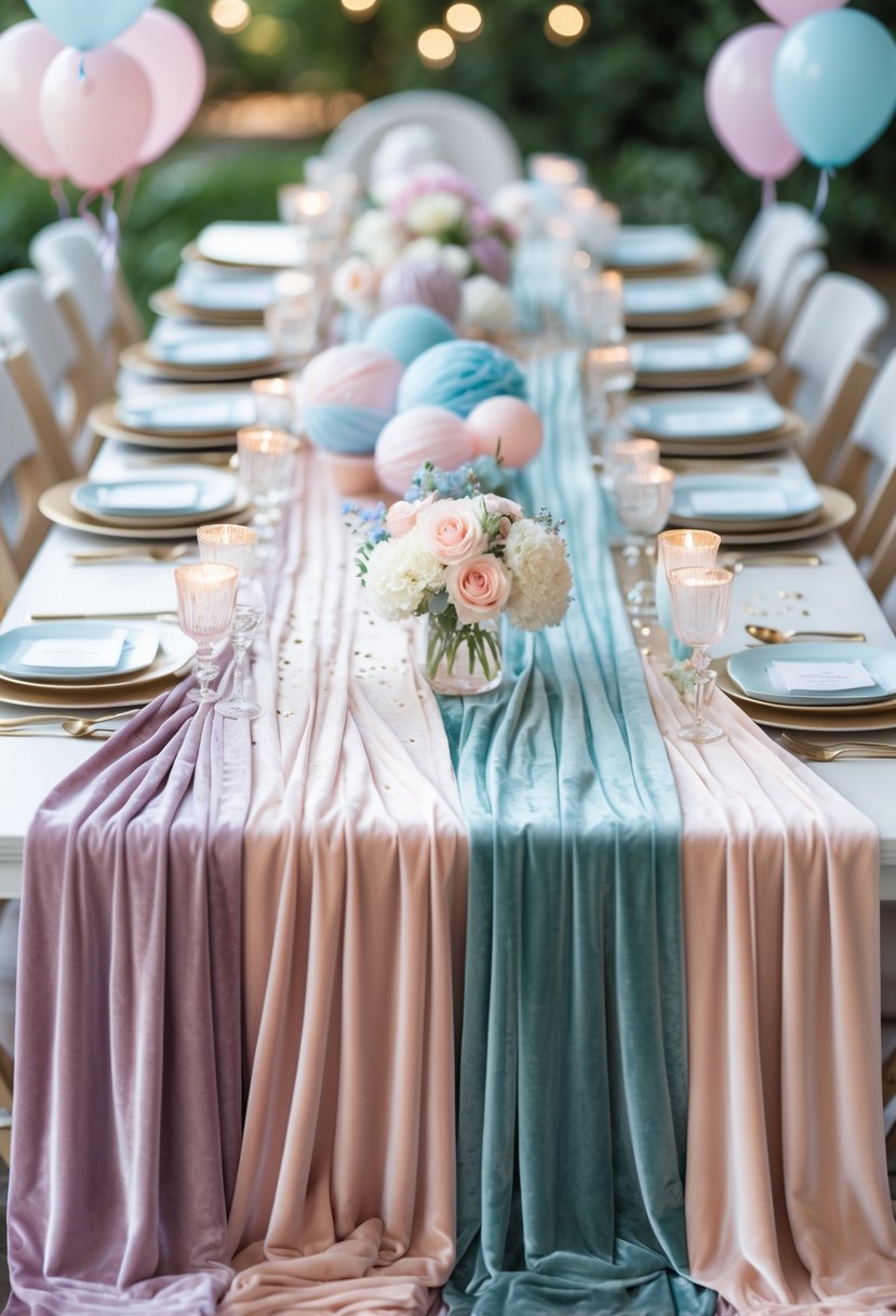 A table set with multiple velvet table runners in pastel colors and baby-themed decorations for a gender reveal party.