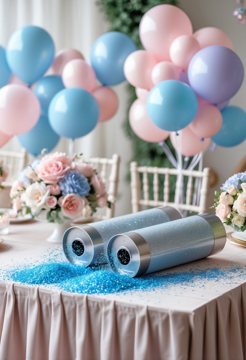 A baby gender reveal party table decorated with pastel balloons, flowers, and subtle glitter confetti cannons.