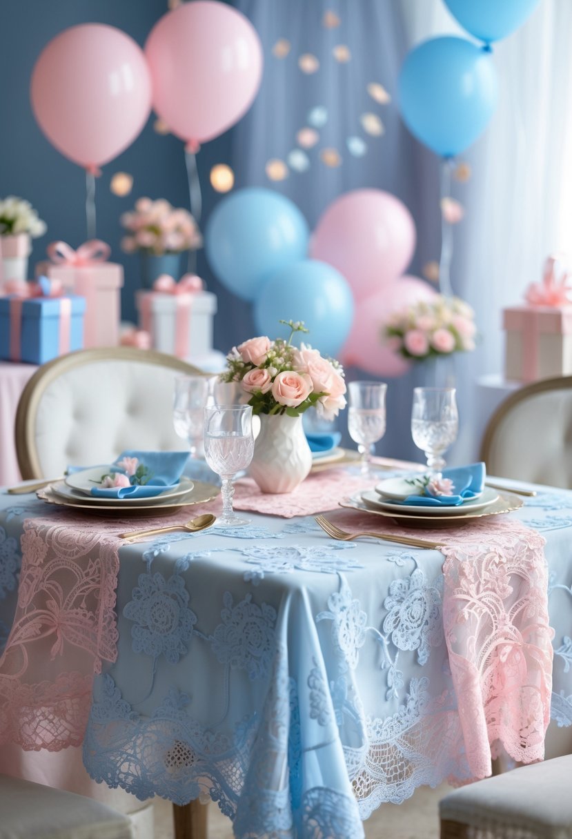 A decorated table with delicate lace tablecloths, pastel pink and blue baby decorations, balloons, flowers, and party items for a baby gender reveal celebration.