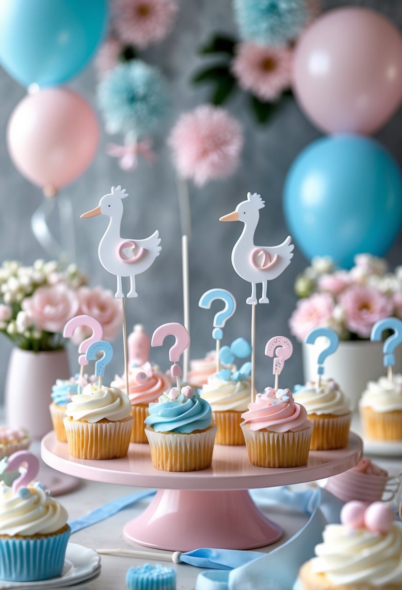 A display of 18 elegant baby gender reveal dessert toppers on cupcakes and cakes with pastel decorations and balloons.