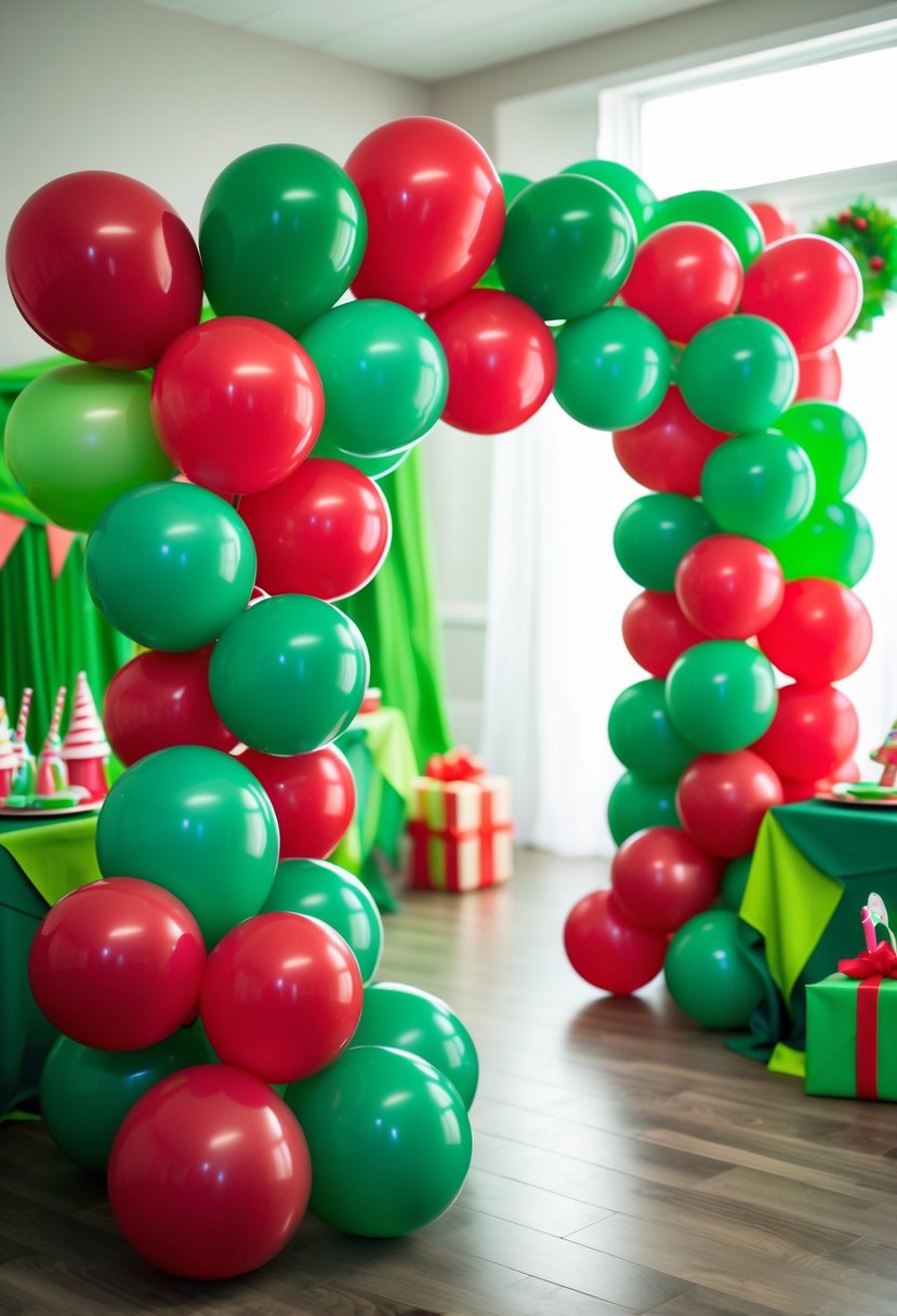 A colorful balloon arch made of green and red balloons at a birthday party with matching decorations and presents.