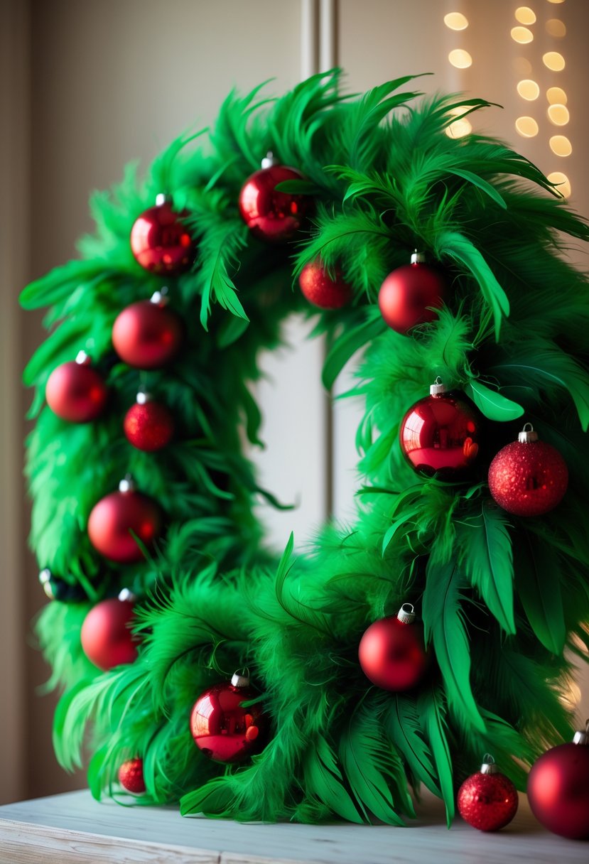 A green feather boa wreath decorated with red Christmas ornaments on a light background.