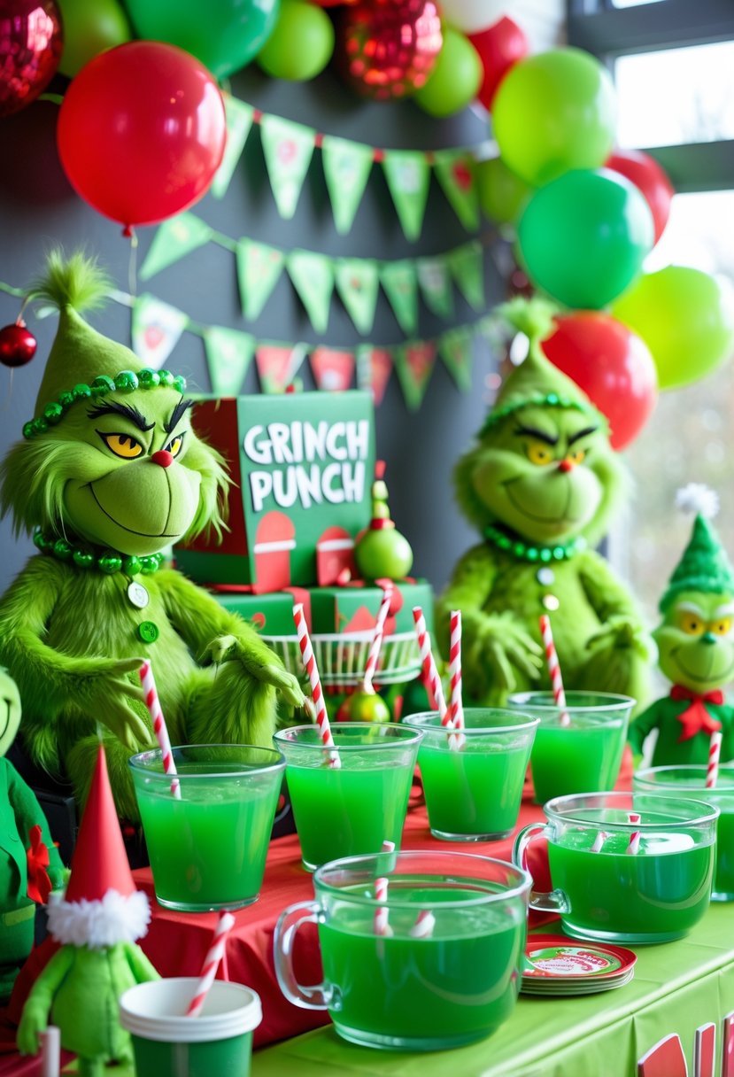 A birthday party table decorated with Grinch-themed items, green punch bowls, balloons, and festive decorations.