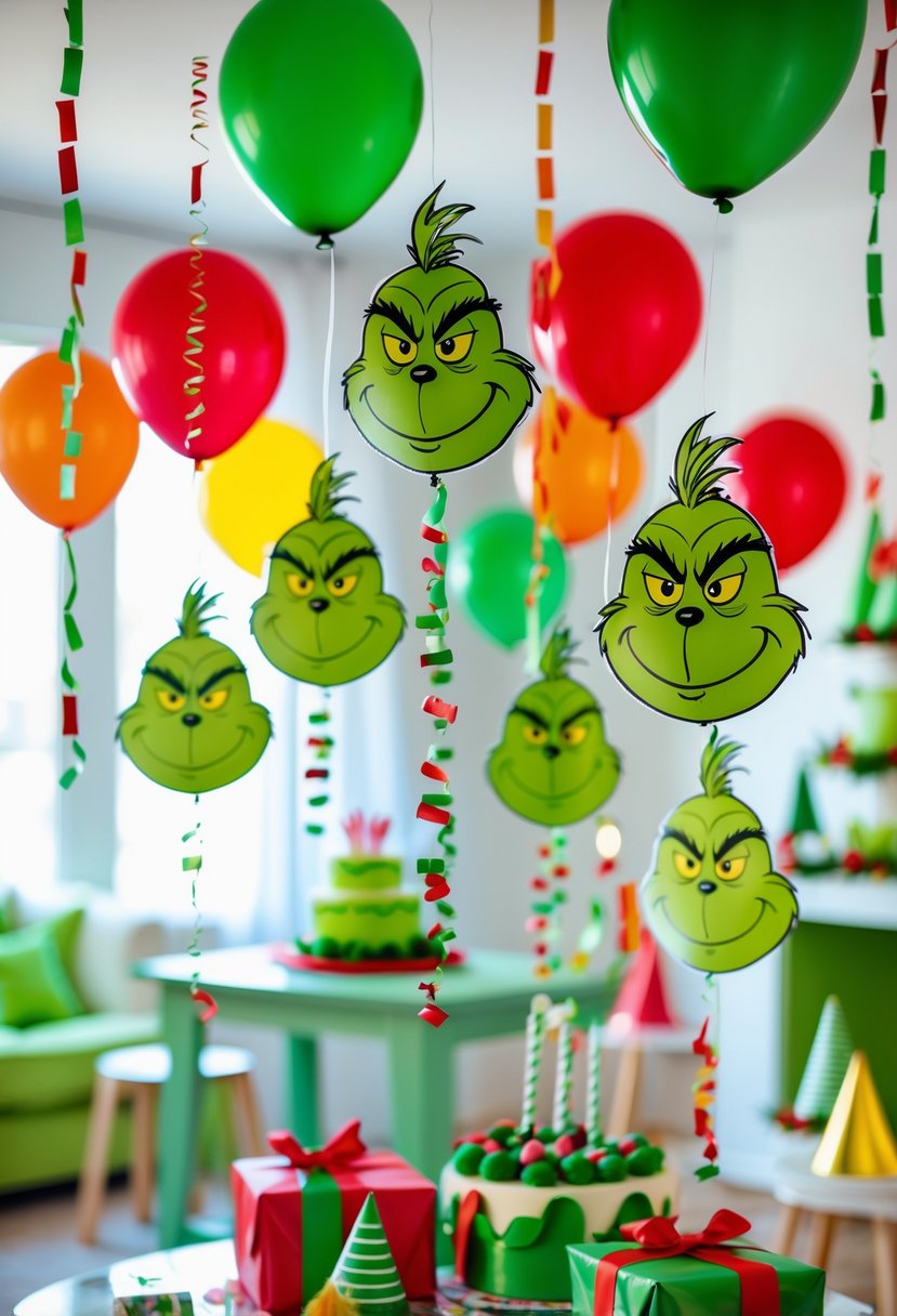 A birthday party scene with multiple hanging Grinch face decorations, balloons, streamers, a decorated table, and presents.
