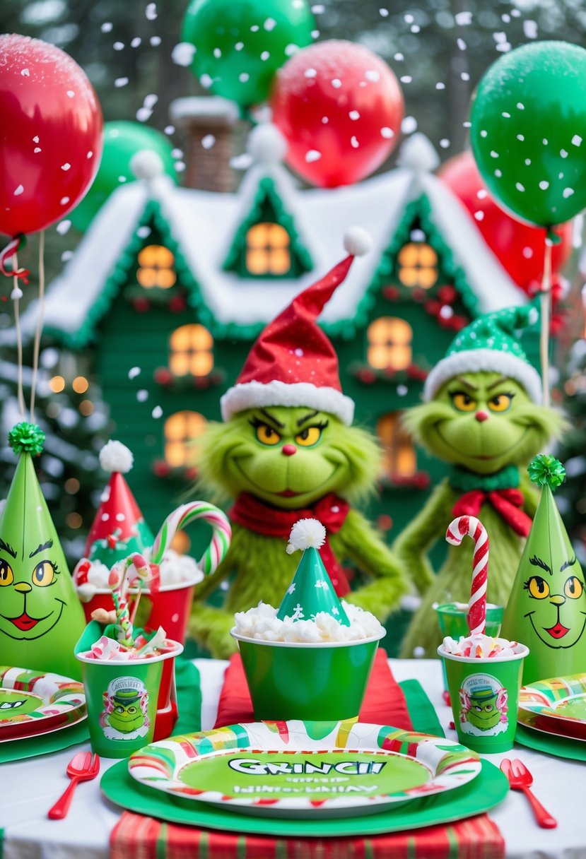 A colorful birthday party setup with Grinch-themed decorations, snowy Whoville village backdrop, balloons, and festive tableware.