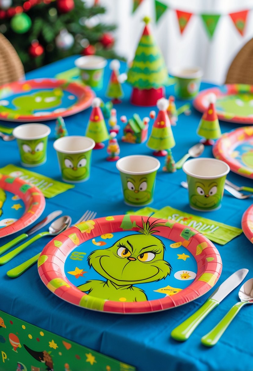 A birthday party table set with Grinch-themed plates, napkins, and decorations.