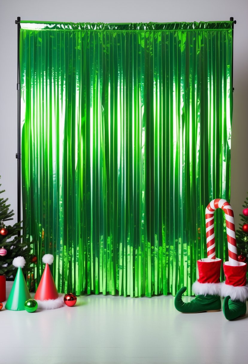 A neon green foil fringe curtain backdrop with festive Grinch-themed birthday party decorations and playful props arranged in front.