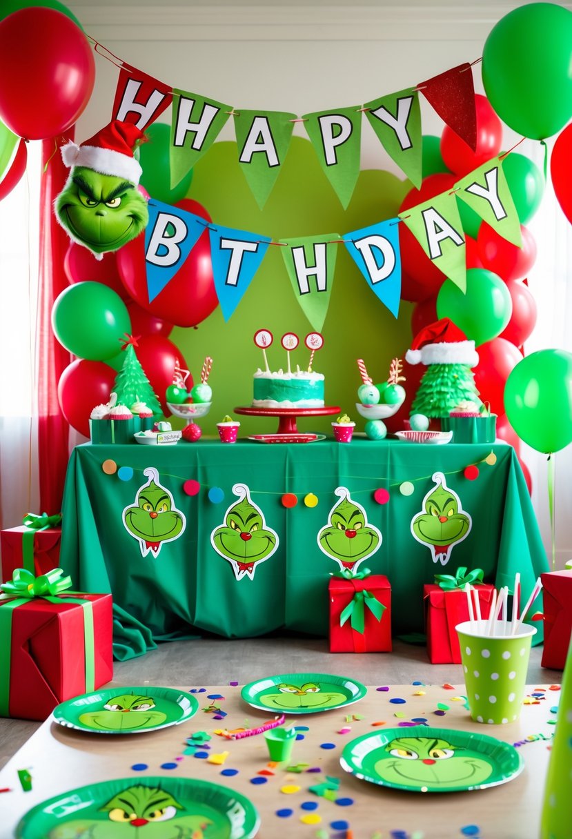 A colorful birthday party setup with green and red decorations, balloons, and Grinch-inspired ornaments arranged around a festive table.