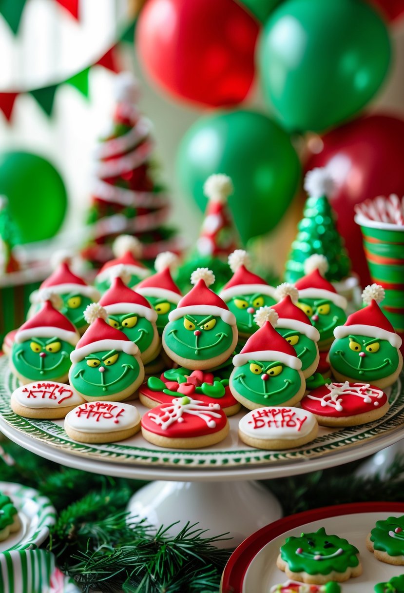 A platter of green Grinch-themed royal icing decorated sugar cookies surrounded by red and green party decorations on a table.