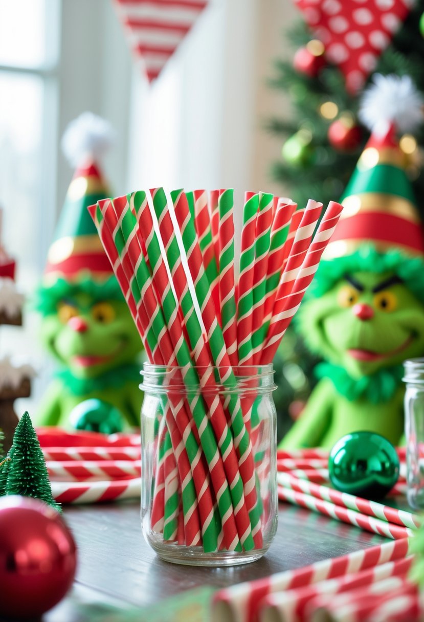 Red and green striped paper straws arranged on a table with Grinch-themed birthday party decorations in the background.