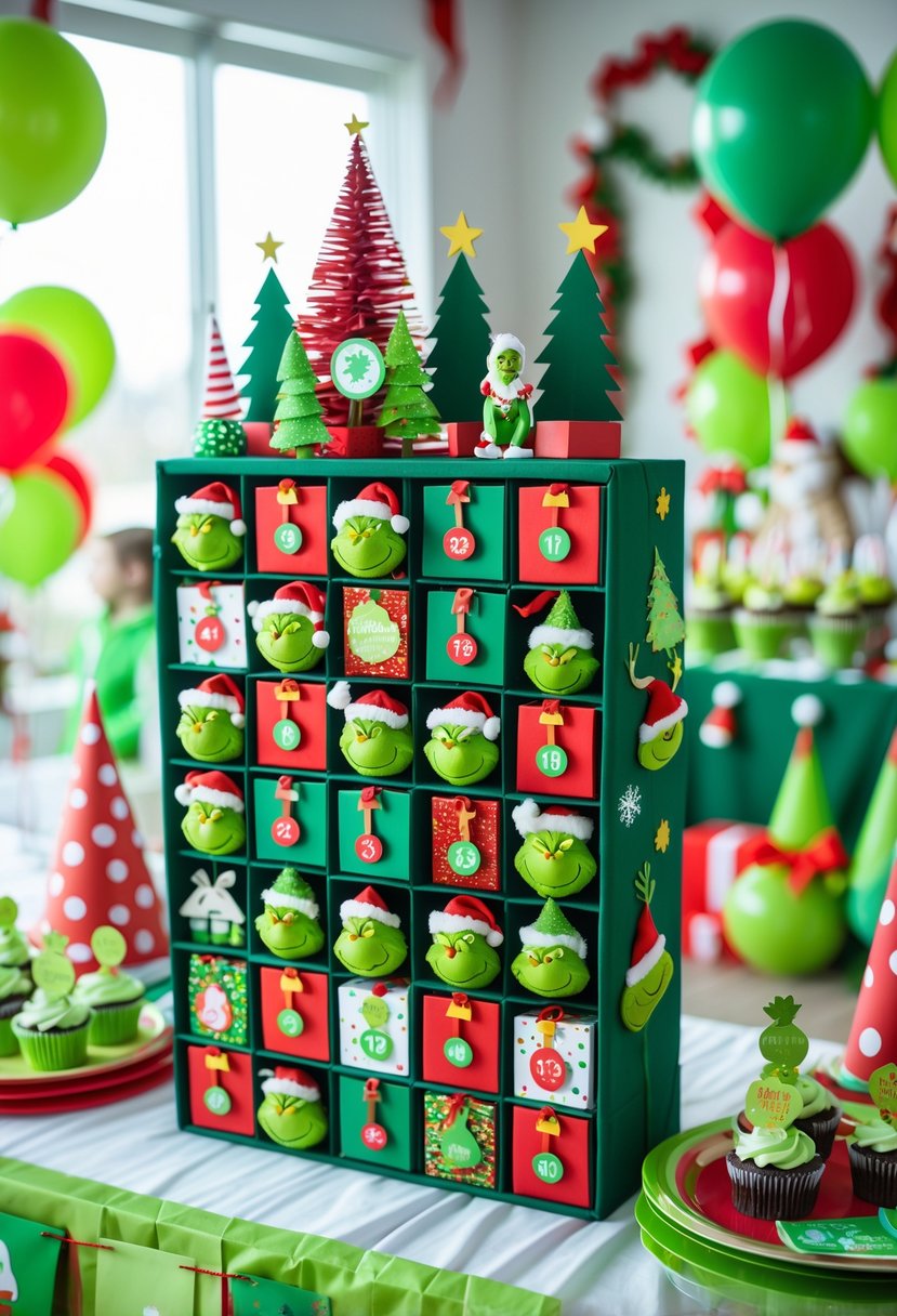 A colorful birthday party scene featuring a DIY Grinch-themed advent calendar with 19 decorated compartments and matching green and red party decorations.