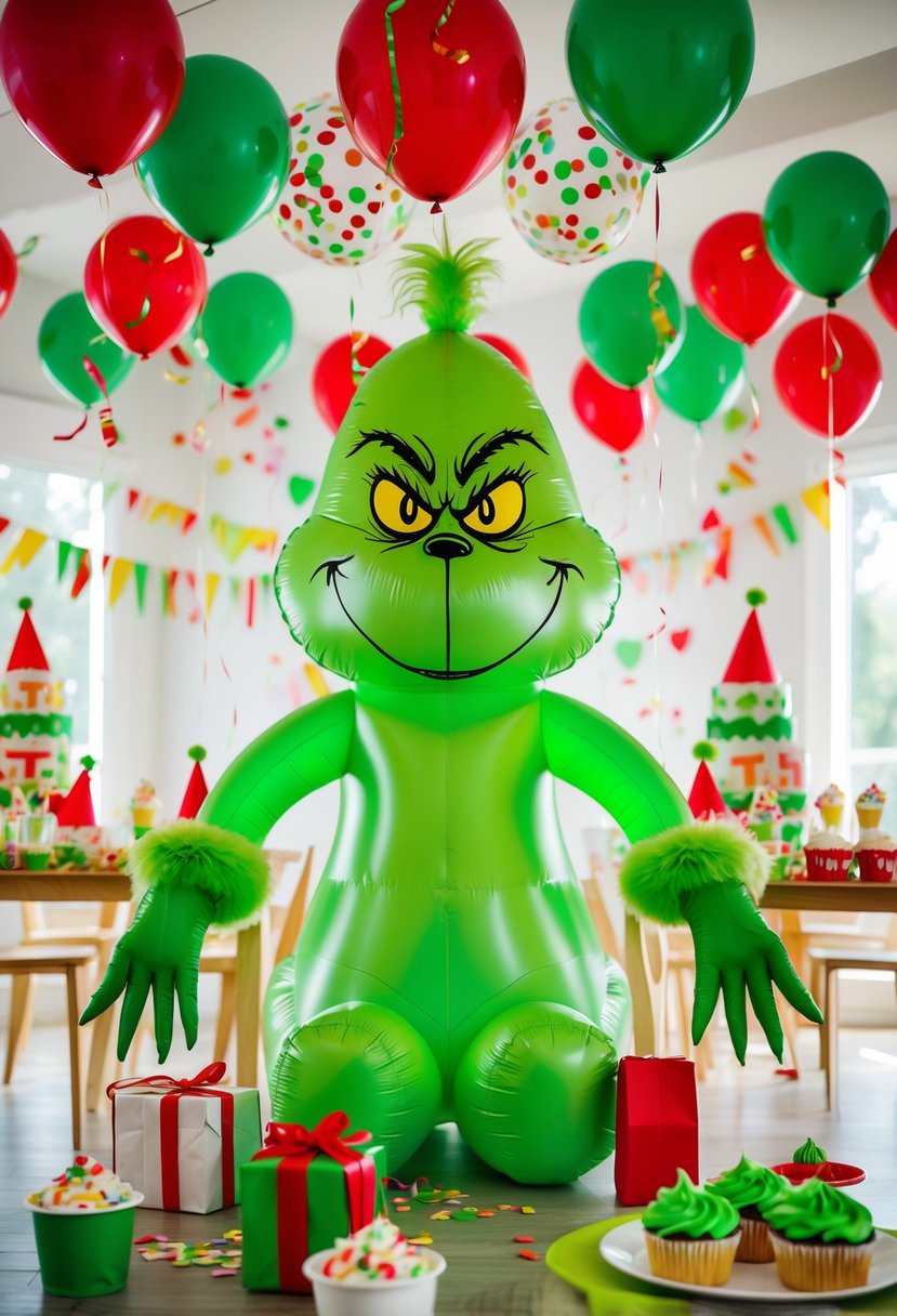 A birthday party scene with a large inflatable Grinch centerpiece surrounded by balloons and festive decorations.