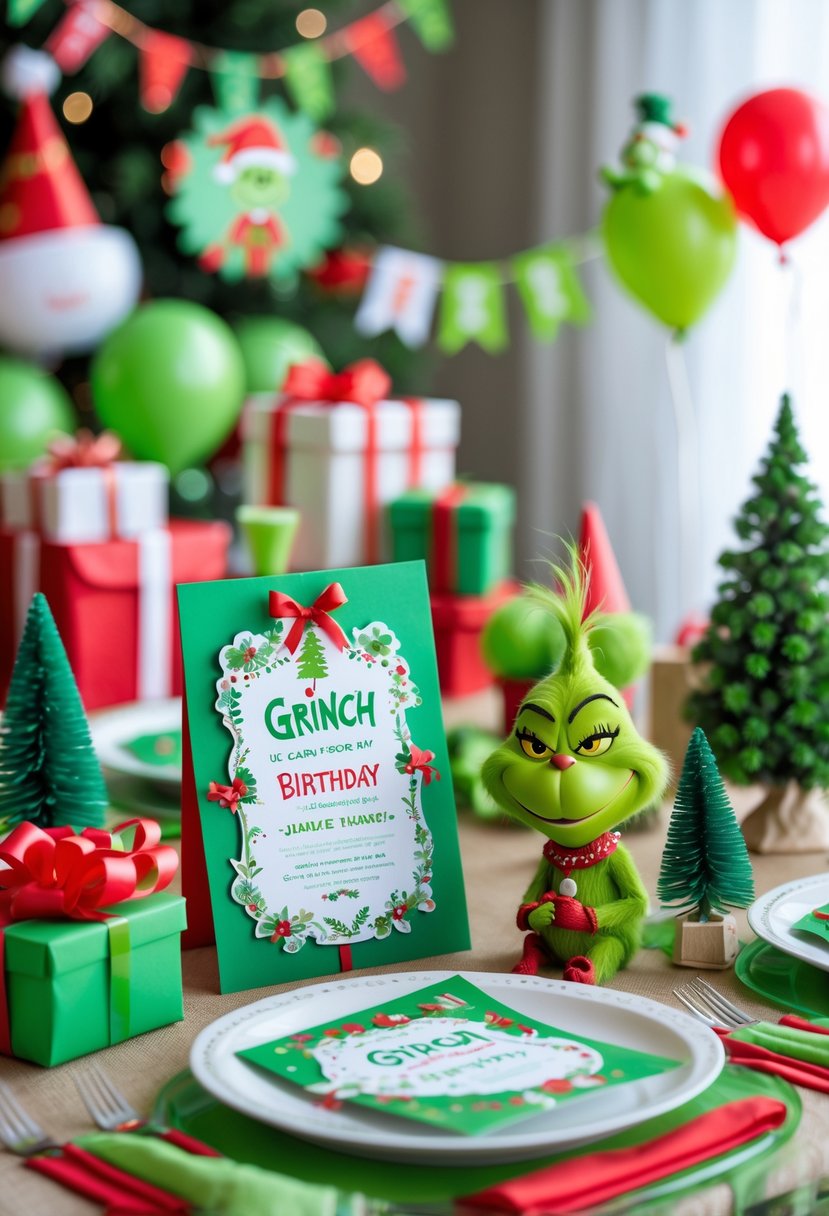 A festive birthday party table decorated with green and red Grinch-themed invitations and matching party decorations including balloons, ribbons, and small figurines.