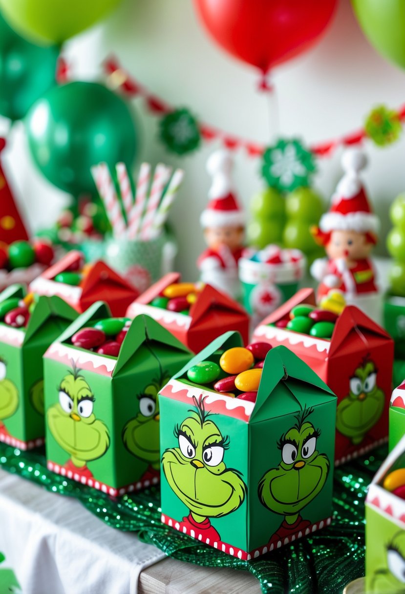 A table with Grinch-themed party favor boxes filled with candy surrounded by birthday party decorations.