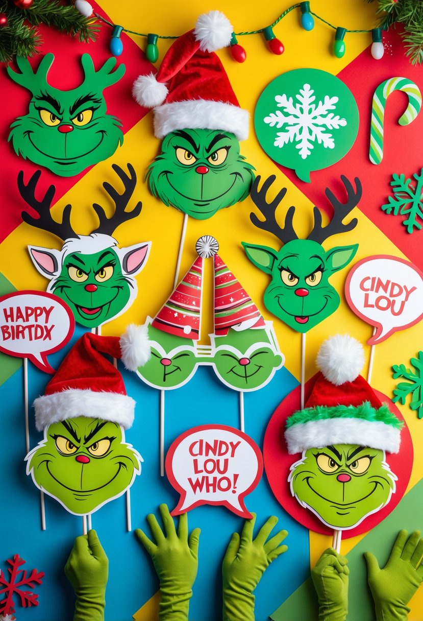 A collection of Grinch-themed birthday party photo booth props arranged on a colorful background, including masks, hats, gloves, and festive decorations.