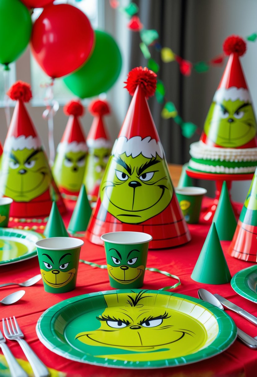 A birthday party table set with disposable plates, cups, and napkins featuring Grinch faces, surrounded by balloons and party decorations.