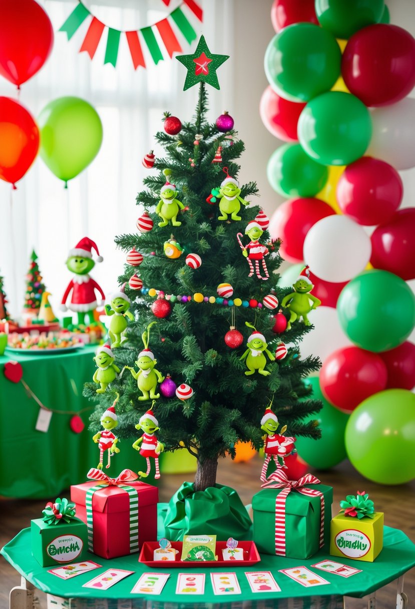 A decorated green tree with Grinch-themed ornaments and party game elements set up for a birthday celebration, surrounded by balloons and festive decorations.