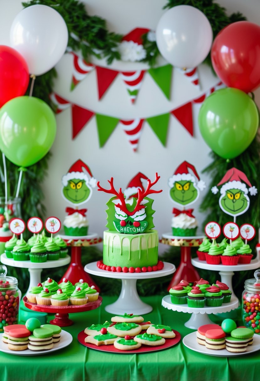 A dessert table decorated with Grinch-themed birthday party decorations, featuring green and red desserts, cookies shaped like the Grinch, and festive party decor.